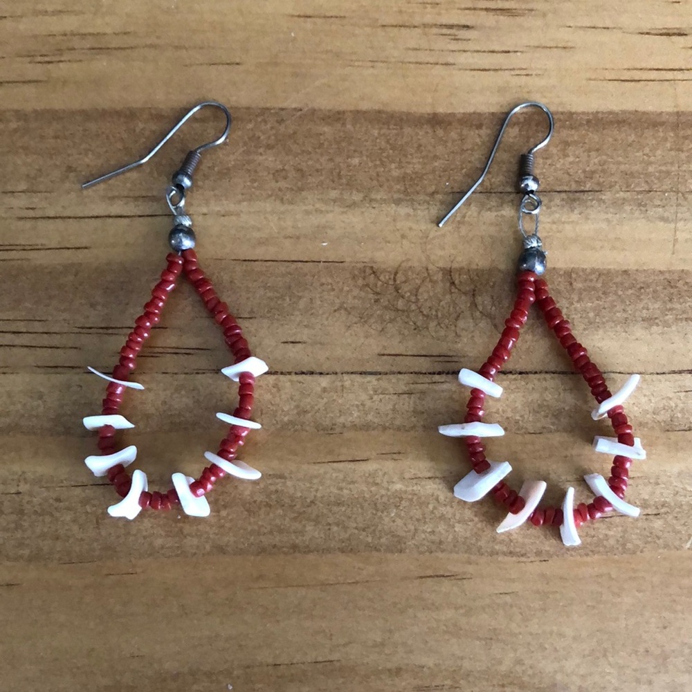 Vintage Native American handmade Genuine Coral and Shell pierced earrings